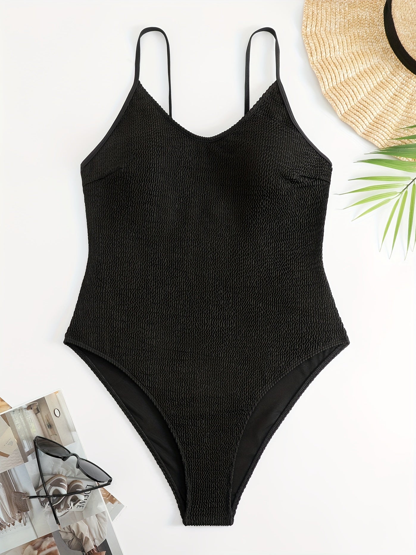  Solid Textured Scoop Neck One Piece Swimsuit