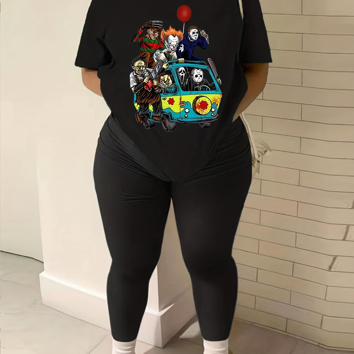 Figures Print Short Sleeve T shirt & Solid Leggings Set