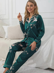 Floral Satin Pajama Set Long Sleeve Tops & Pants Women's Loungewear