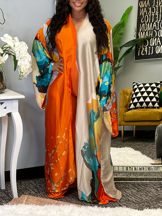  Floral Print Long Sleeve Maxi Cover Up