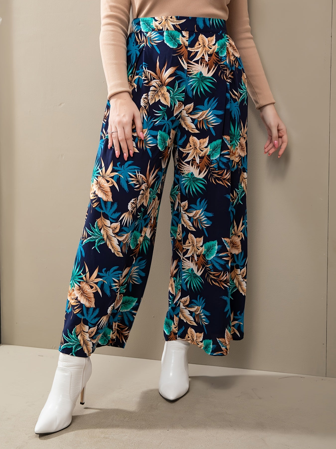 Floral Wide Leg Boot Cut Pants - Plus Size