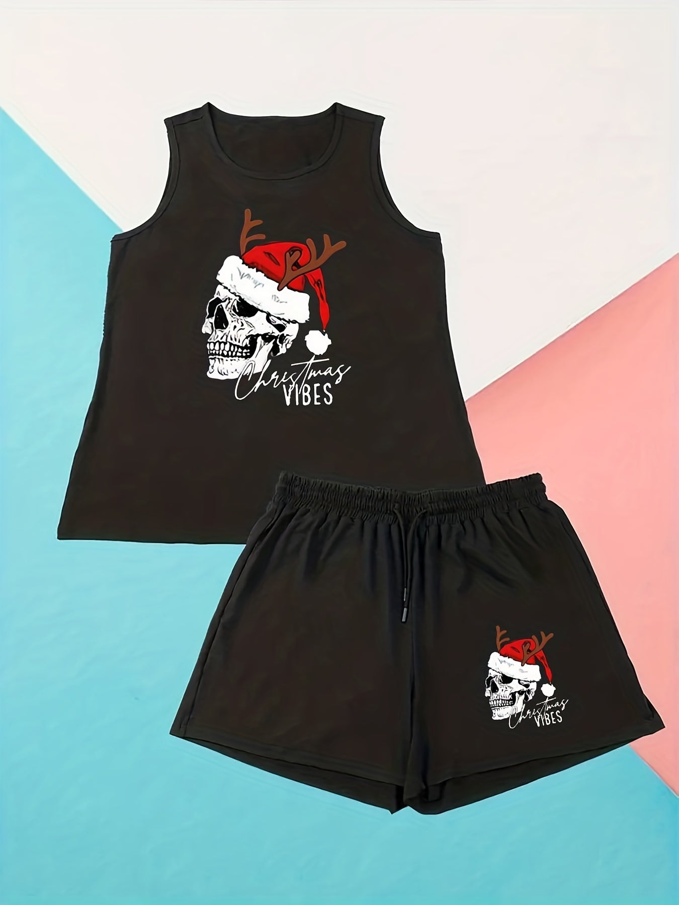 Halloween Lounge Set Christmas Hat Skull Print Tank Top & Shorts Pajam