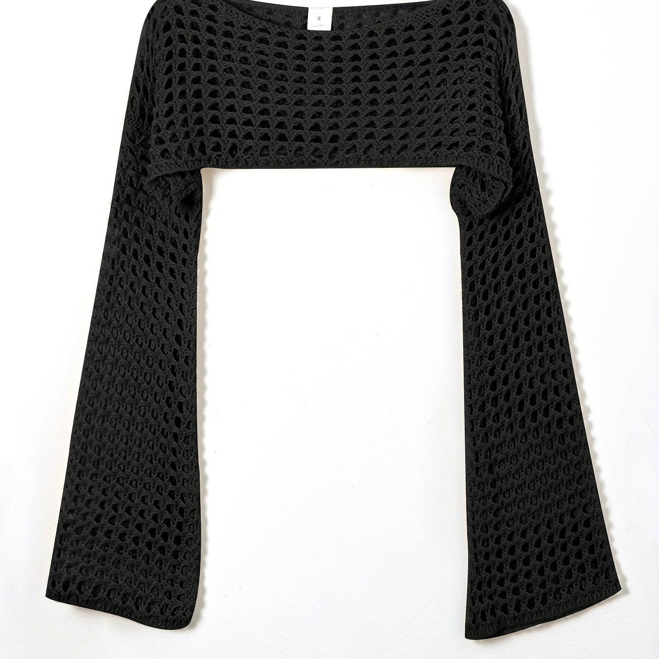 Y2K Crochet Cropped Knit Sweater Crew Neck Flared Sleeve