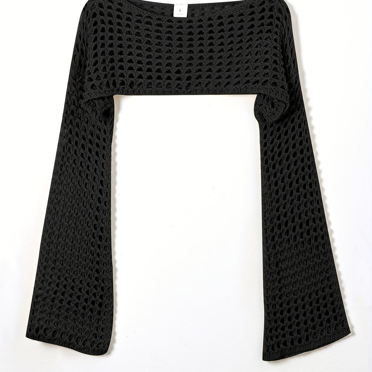 Y2K Crochet Cropped Knit Sweater Crew Neck Flared Sleeve
