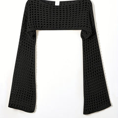 Y2K Crochet Cropped Knit Sweater Crew Neck Flared Sleeve