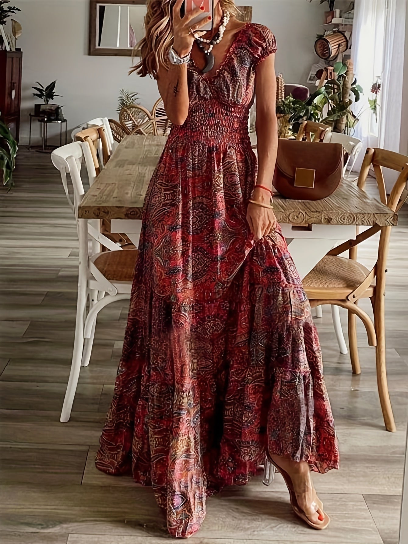  Floral Print Bubble Sleeve V Neck Nipped Waist Maxi Dress