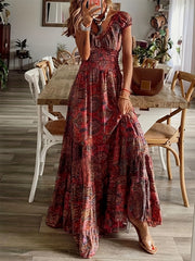  Floral Print Bubble Sleeve V Neck Nipped Waist Maxi Dress