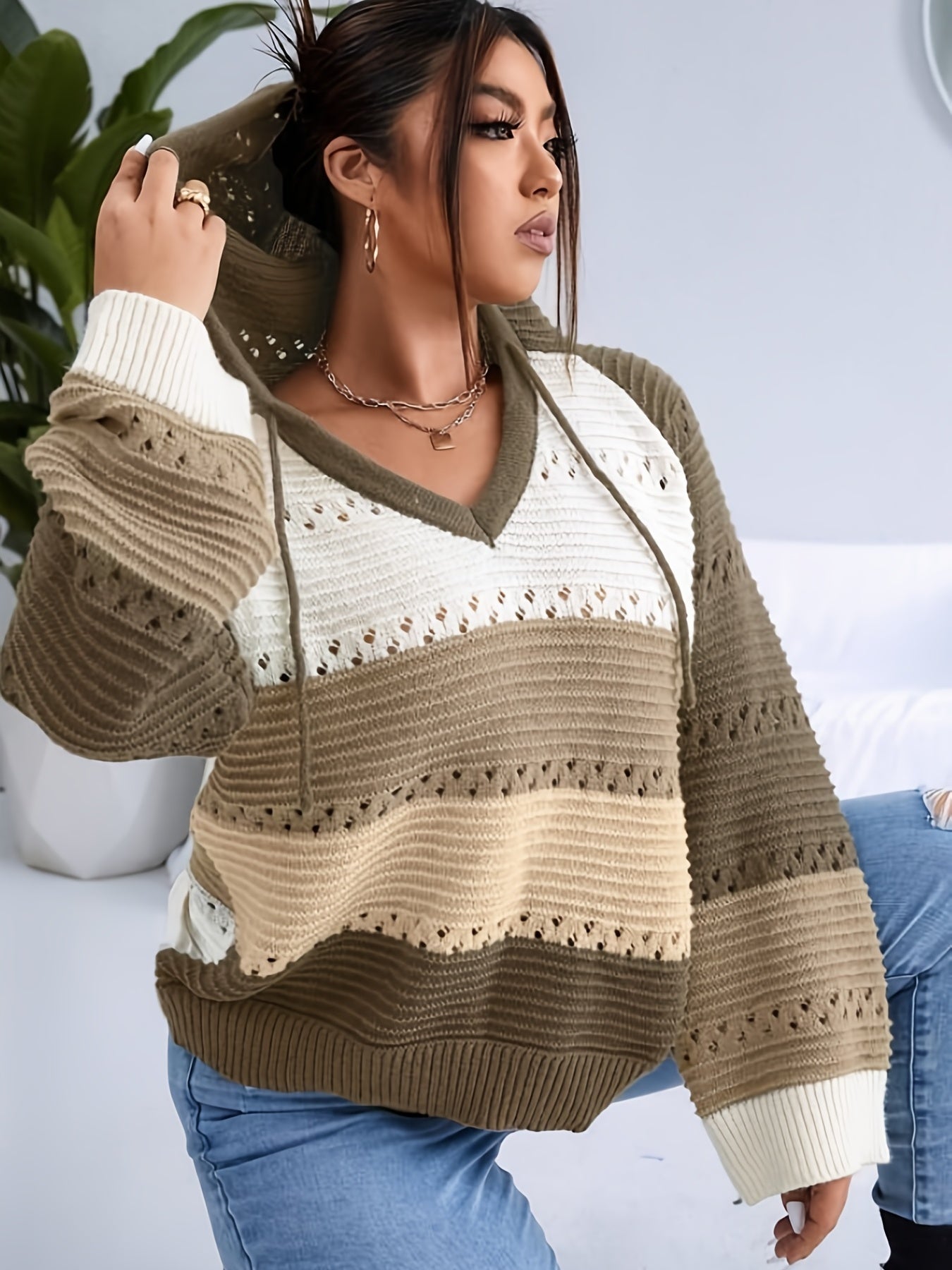  Colorblock Eyelet Embroidered Hooded Sweater