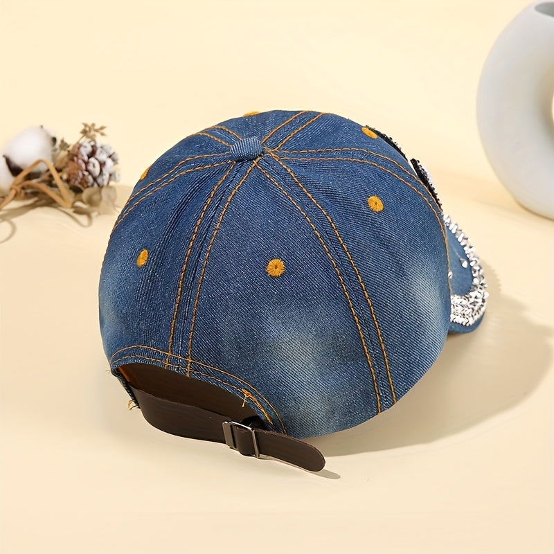 Denim Baseball Cap Faux Pearl Rhinestone Decor LOVE Distressed Sun Hat