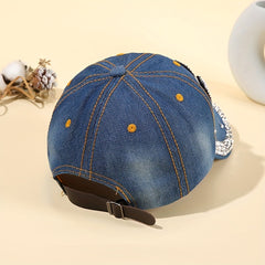 Denim Baseball Cap Faux Pearl Rhinestone Decor LOVE Distressed Sun Hat