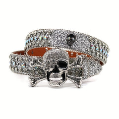 Skull Decor Rhinestone PU Leather Belt Western Cowboy Hip Hop Punk Belt