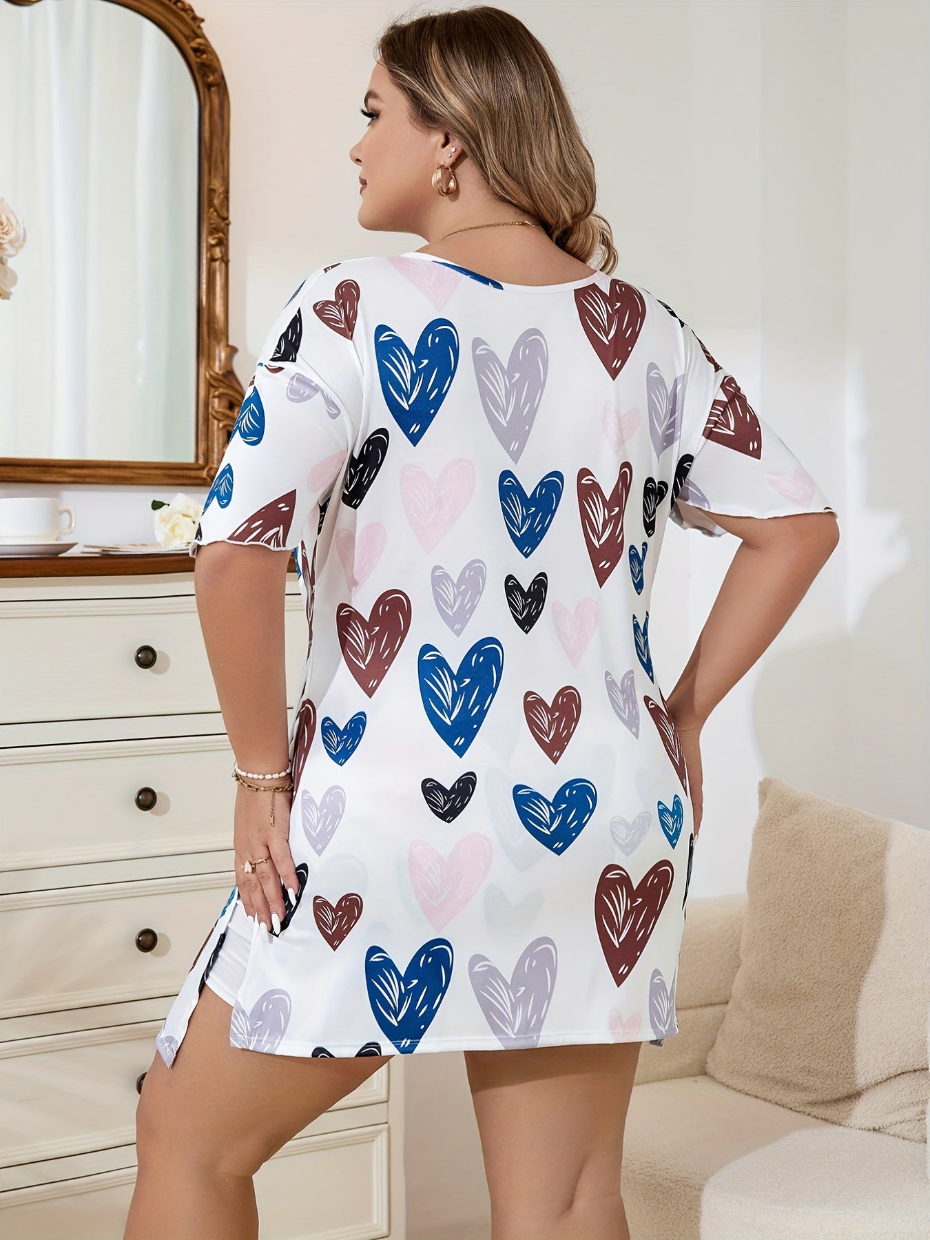  Graffiti Heart Print Loungewear Set Women's Casual Two Piece Pajamas