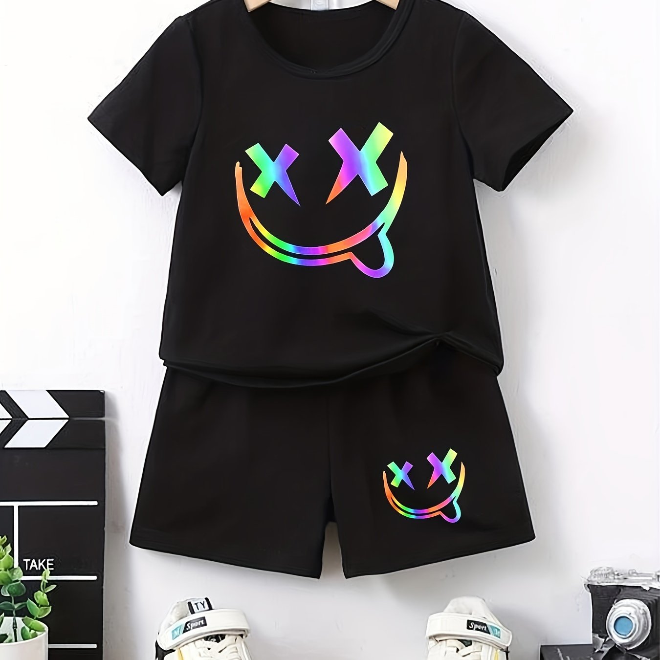 Boys Funny Face Print Casual Outfit T shirt & Shorts Kids Summer Clothes Sets