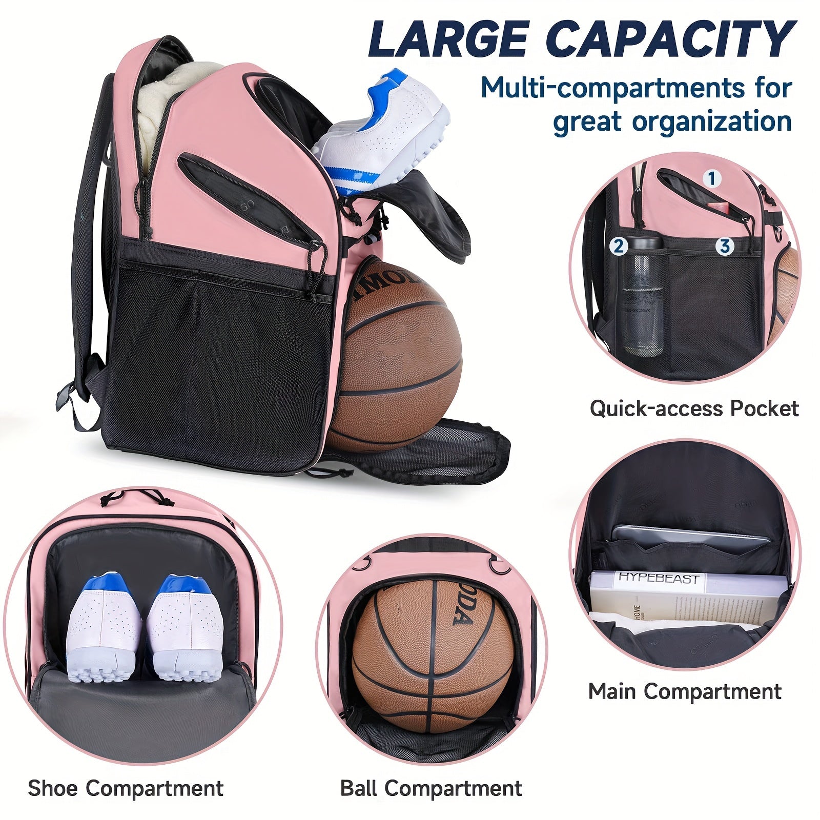 Large Capacity Basketball Backpack with Ball and Shoe Compartment