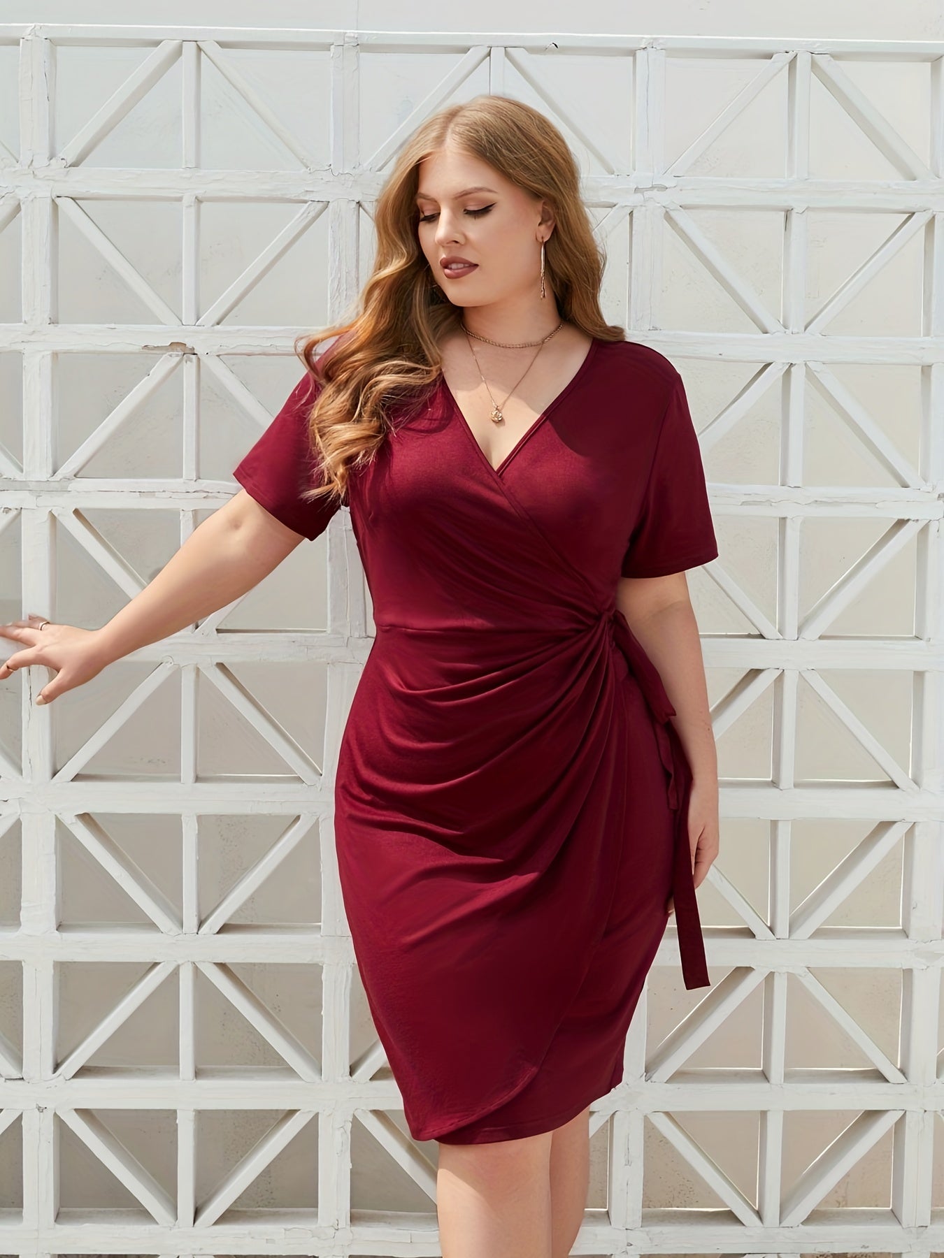  Solid Short Sleeve Wrap Dress