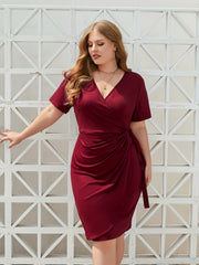  Solid Short Sleeve Wrap Dress
