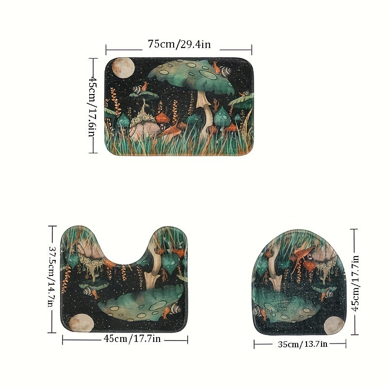 3pcs Bathroom Set with Mushroom Pattern Shower Curtain and Non Slip Bath Rug
