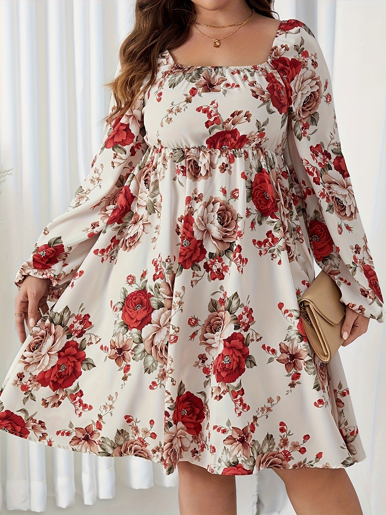  Floral Print Lantern Sleeve Square Neck Dress