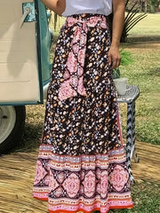  Colorblock Floral Print Boho Maxi Skirt