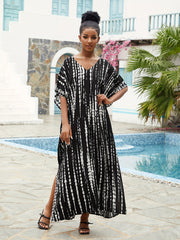  Boho Cover Up Women's Plus Striped Batwing Sleeve Maxi Kaftan Dress