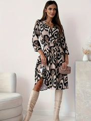  Graphic Print V Neck Dress With Belt