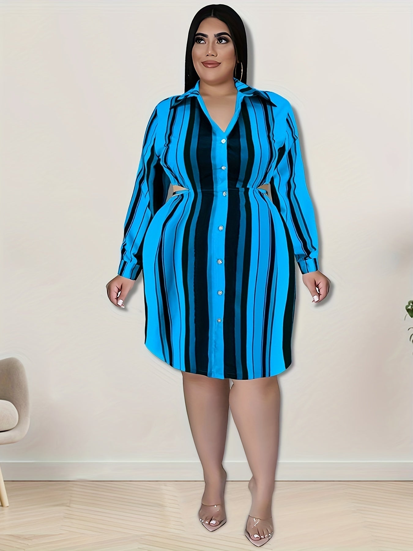  Colorblock Stripe Print Button Up Shirt Dress