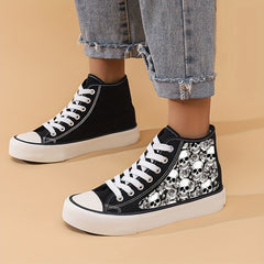 Girls High Top Skull Skate Shoes Comfy Lace Up Sneakers