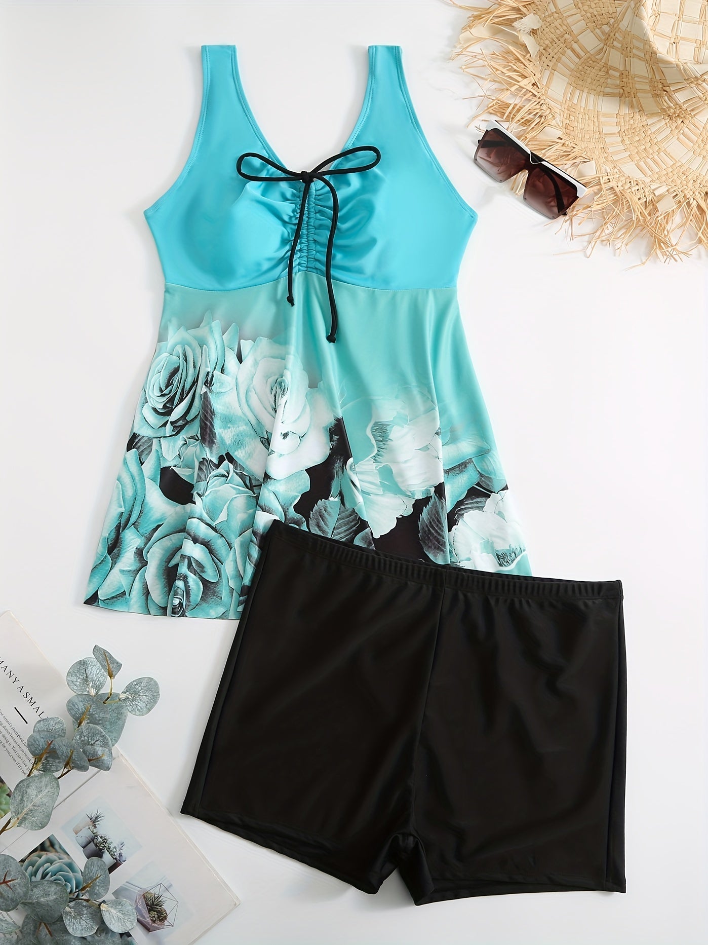  Rose Print Tankini Set Women's Plus Swimsuits Two Piece Set