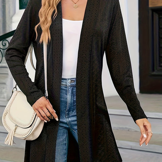  Solid Eyelet Embroidered Long Sleeve Open Front Cardigan
