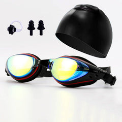 Electroplating Anti-fog HD Swimming Goggles Set with Cap, Nose Clip, Earplugs