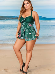  Flamingo & Leaf Print Halter Top Swimsuit Set
