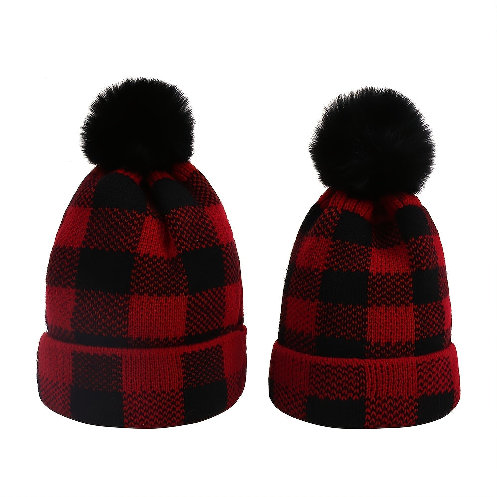 Red & Plaid Christmas Pom Pom Hat Set