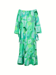  Allover Print Tie Long Sleeve Off Shoulder Ruffle Trim Maxi Dress
