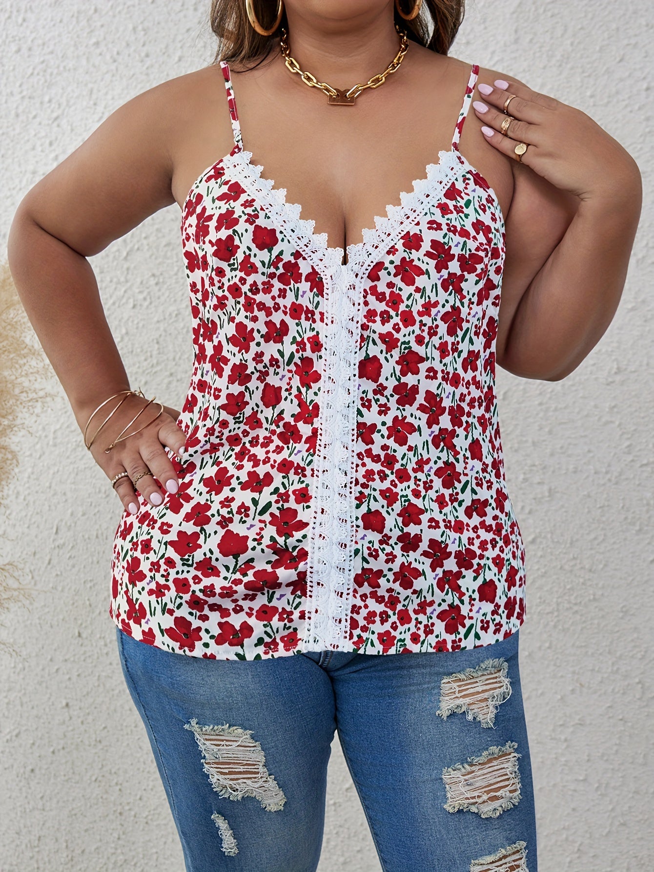  Sexy Cami Top Women's Plus Ditsy Floral Print Lace V Neck