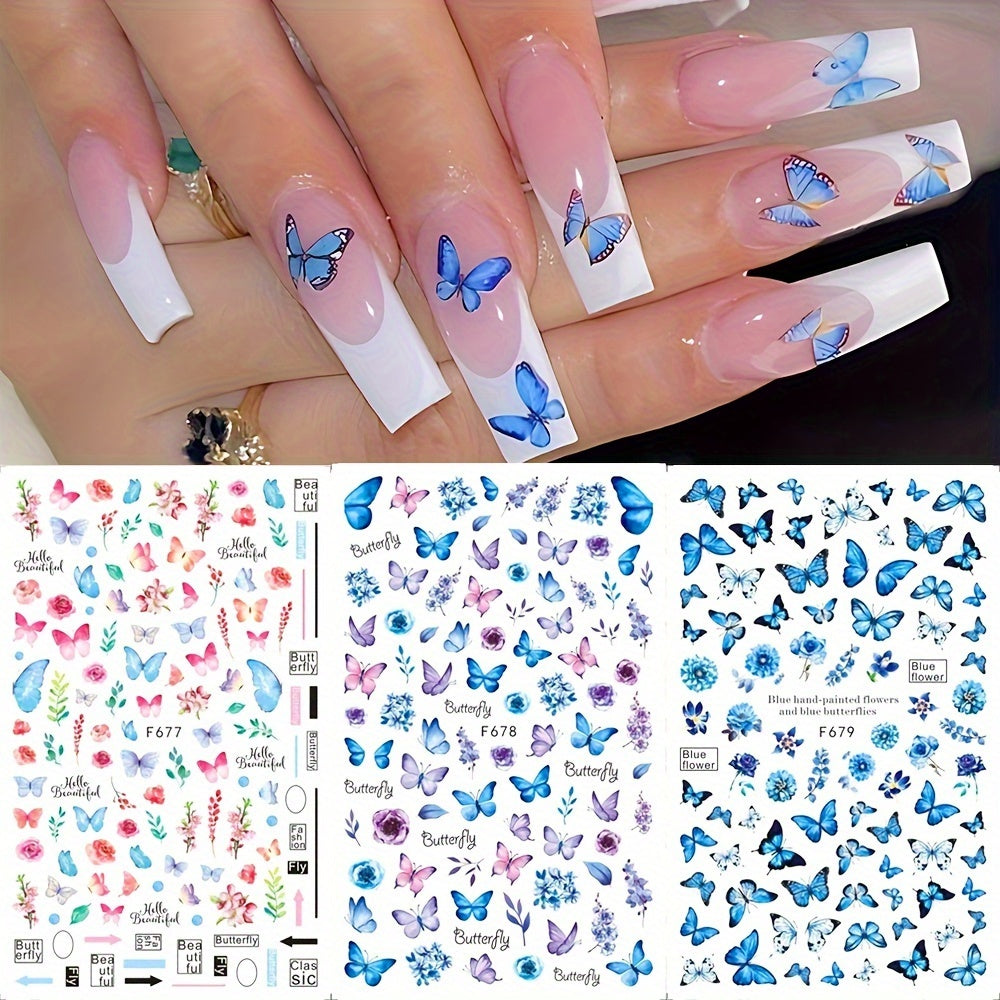 6pcs Butterfly Nail Art Stickers Floral Designs Self-Adhesive Nail Decorations