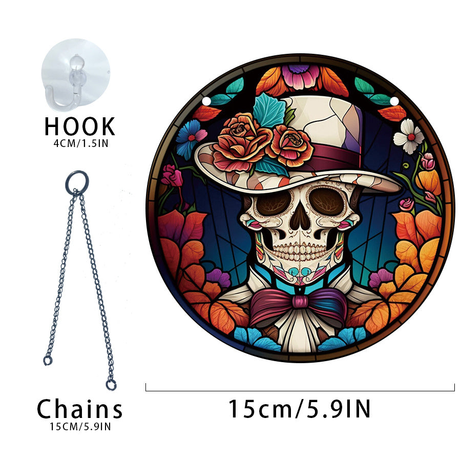 Halloween Acrylic Window Hanging Mexican Skull Floral Hat Painted Decor