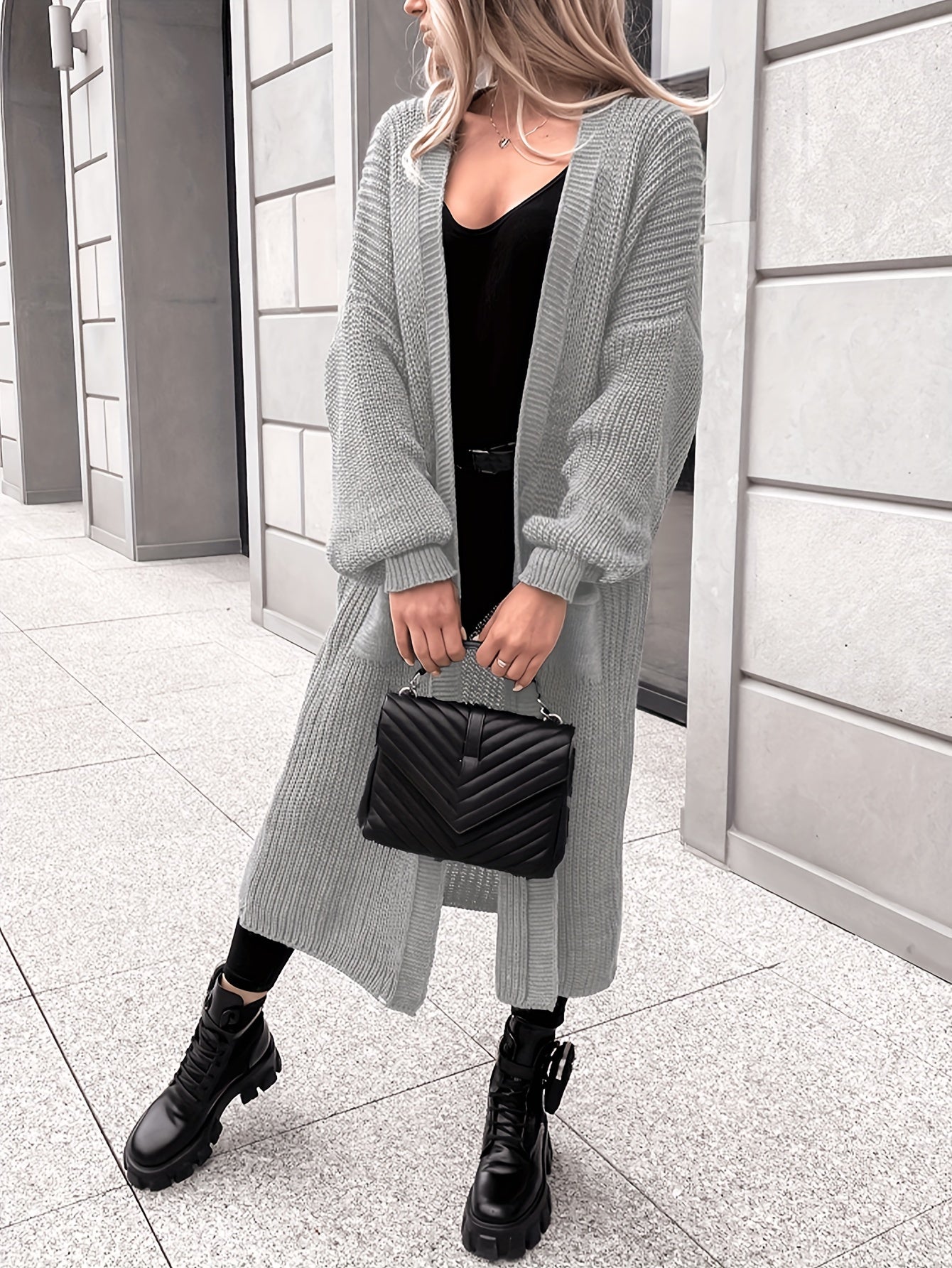  Solid Lantern Sleeve Open Front Cardigan