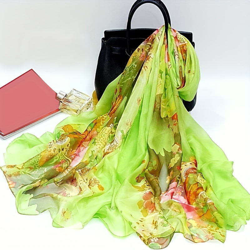 Boho Flower Print Scarf Oversized Thin Shawl Silk Head Wrap