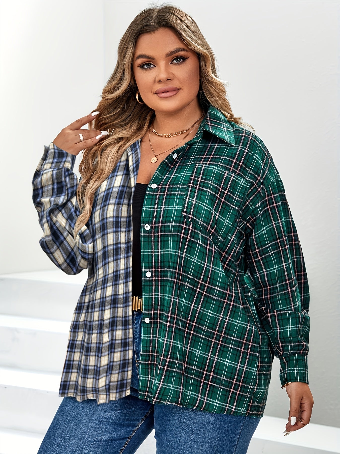  Casual Blouse Women's Plus Colorblock Plaid Print Long Sleeve