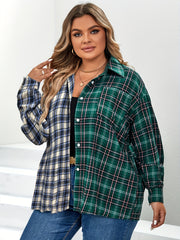  Casual Blouse Women's Plus Colorblock Plaid Print Long Sleeve