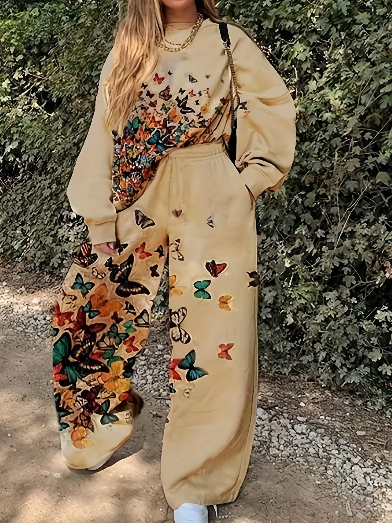  Butterfly Print Tee & Pants Set - Casual Outfit Two Piece Set