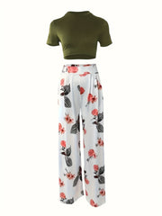 Summer Two Piece Set Tee & Floral Pants Outfits Women's Clothing