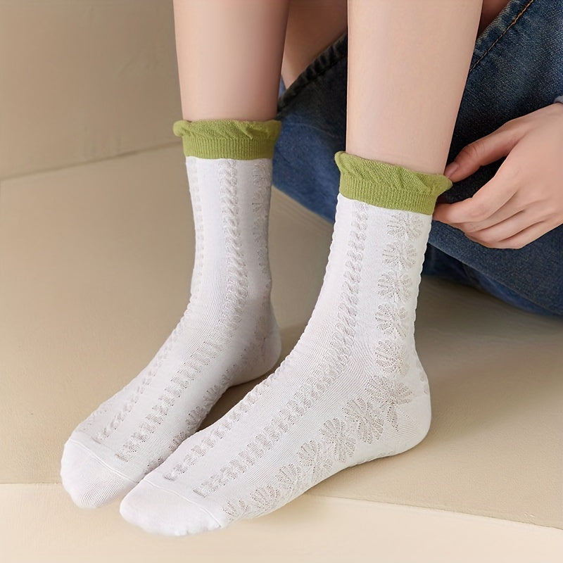 5 Pairs Floral & Bow Print Socks Comfy & Ruffle Mid Tube Socks Women's Stockings