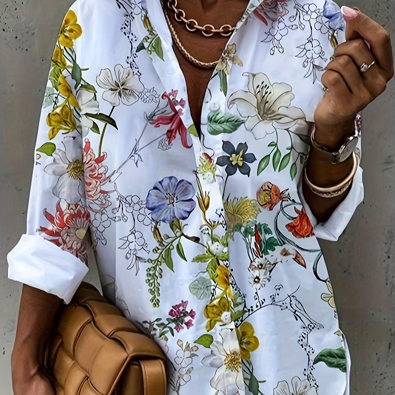  Floral Print Long Sleeve Button Up Casual Blouse