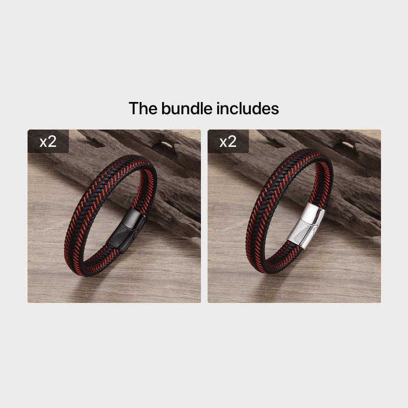 Men's Red Leather Braided Bracelet Magnetic Buckle