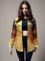  Colorblock Leaf Print Open Front Cardigan