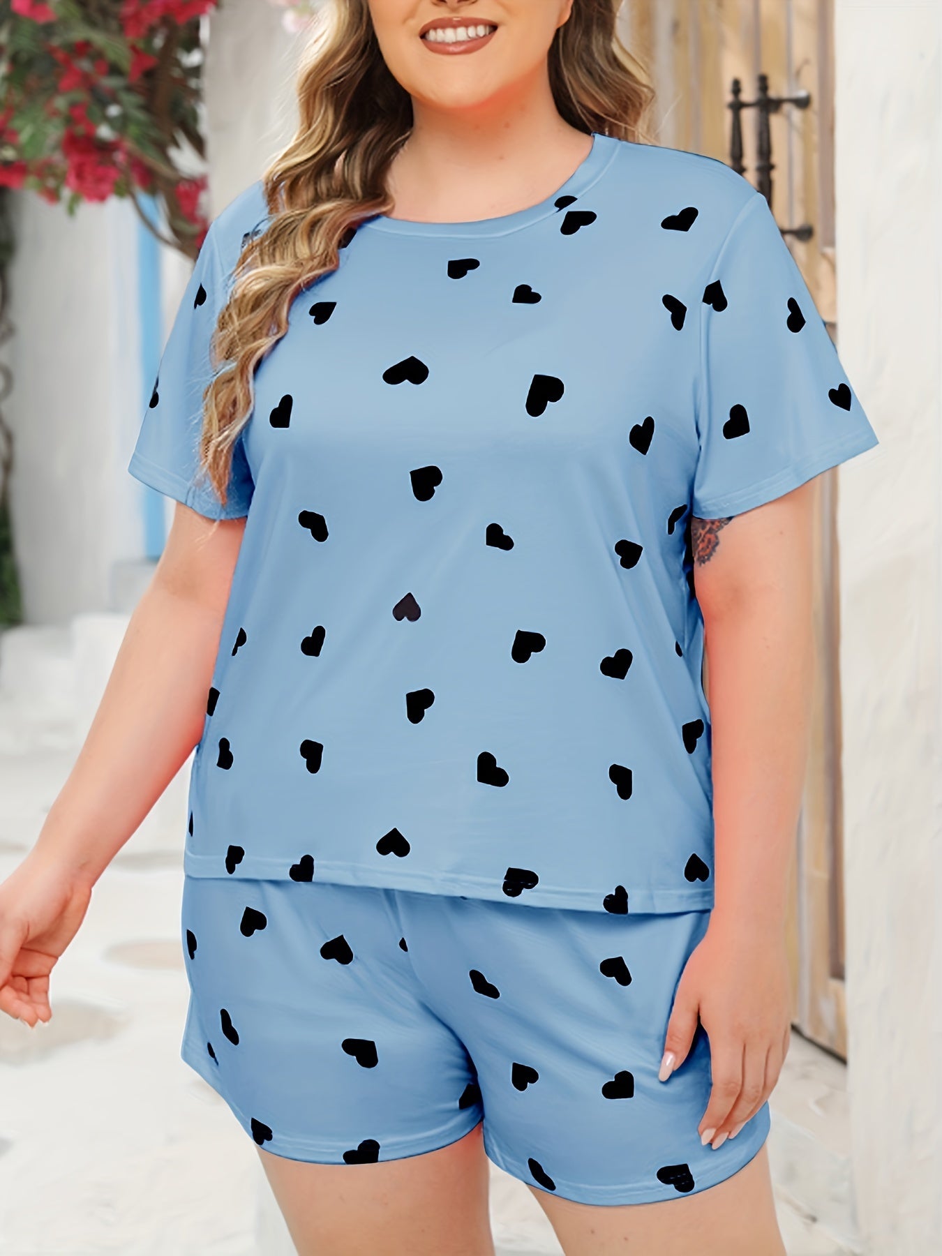  Heart Print Tee & Shorts Pajamas Set