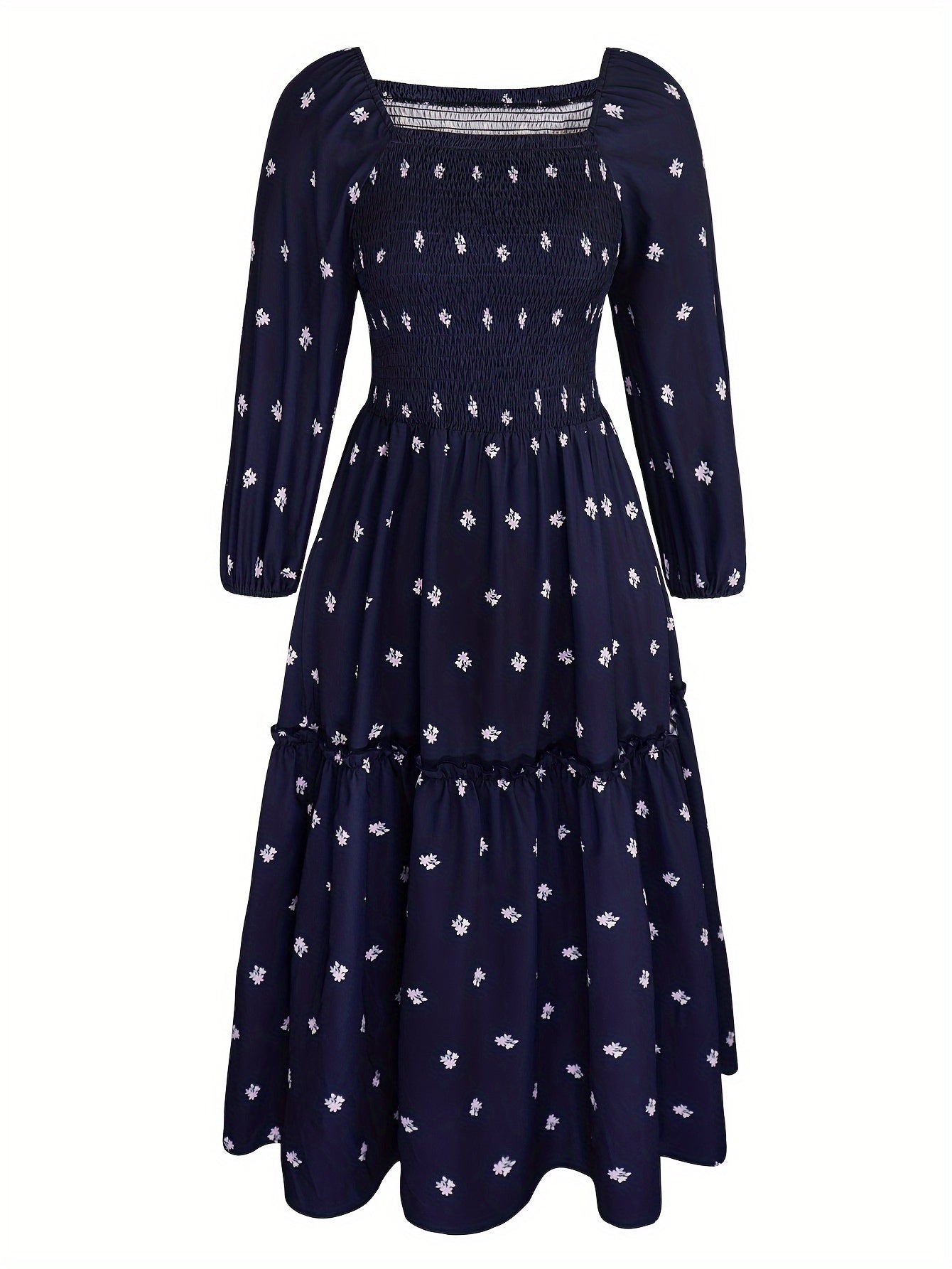  Floral Print Long Sleeve Smock Dress