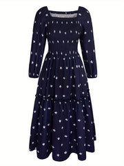  Floral Print Long Sleeve Smock Dress