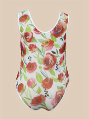  Rose Print Contrast Lace Trim Sheer Bodysuit